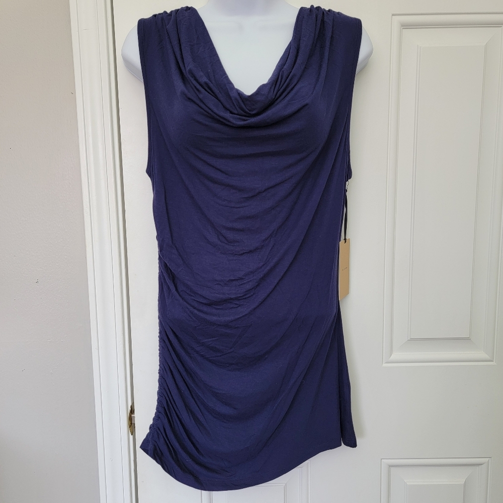 NWT Halogen Navy Blue Cowl Neck Sleeveless Mini Dress Ruched Side Medium